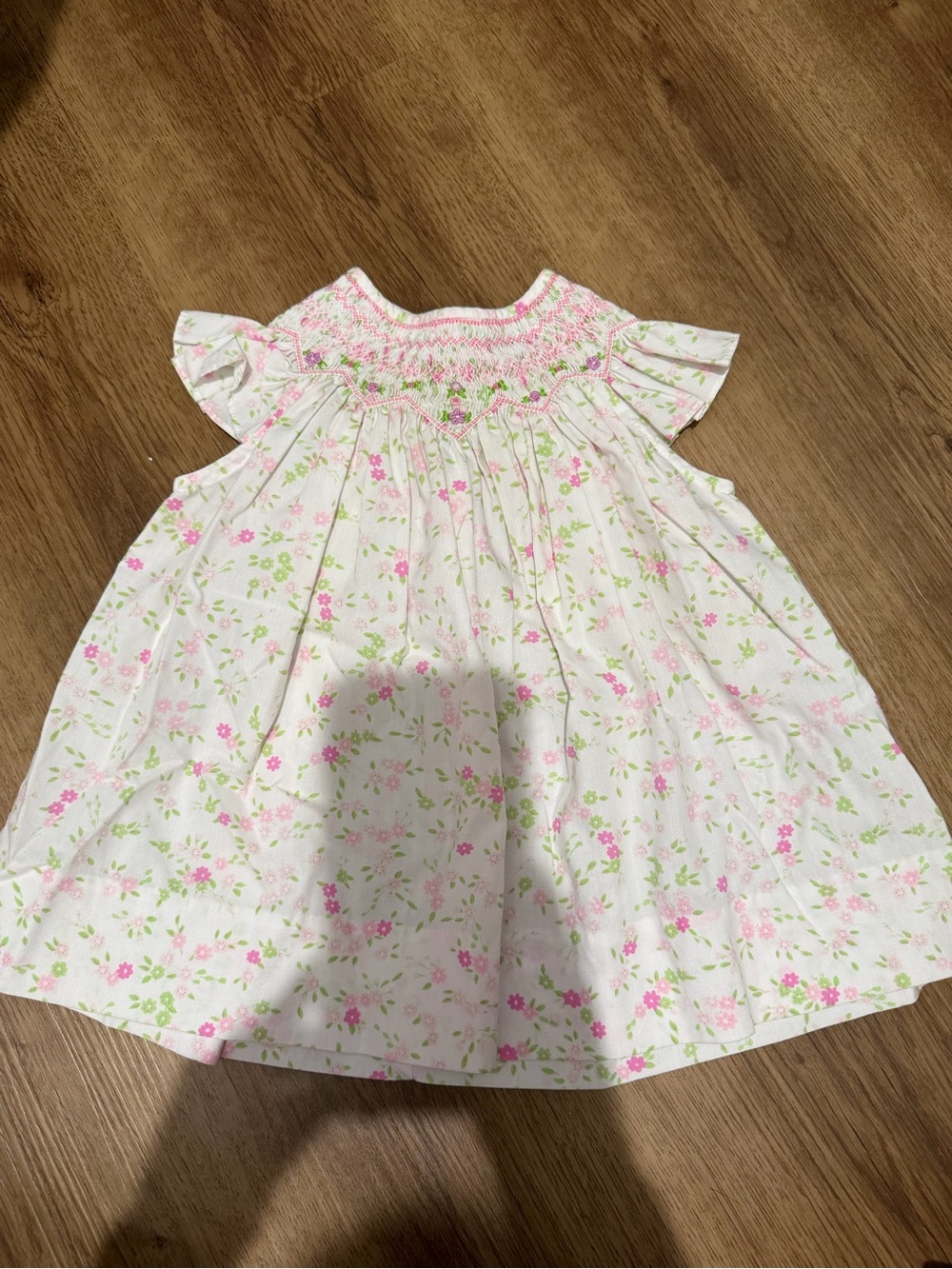 Classic White & Pink Floral Smocked Kids Dress